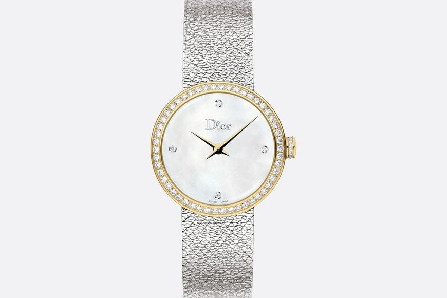 La D de Dior Satine • Ø 25 mm, Steel, Yellow Gold, White Mother-Of-Pearl and Diamonds