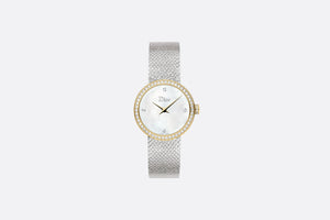 La D de Dior Satine • Ø 25 mm, Steel, Yellow Gold, White Mother-Of-Pearl and Diamonds