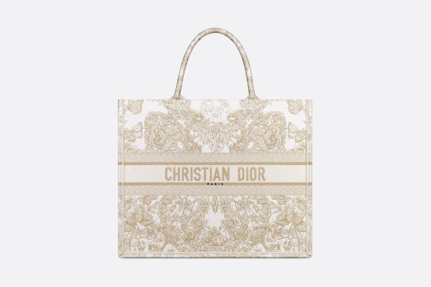 Large Dior Book Tote • Gold-Tone and White Butterfly Around The World Embroidery (42 x 35 x 18.5 cm)