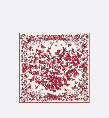 Le Cœur des Papillons 70 Square Scarf • White and Red Silk Twill