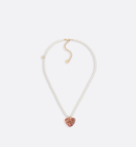 Le Cœur des Papillons Necklace • Gold-Finish Metal with White Resin Pearls and Red Lacquer