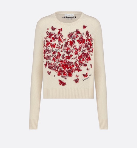Embroidered Sweater • Ecru and Red Cashmere Knit with Le Cœur des Papillons Motif