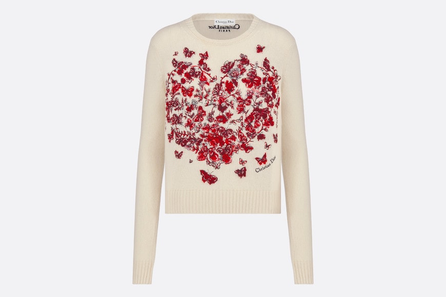 Embroidered Sweater • Ecru and Red Cashmere Knit with Le Cœur des Papillons Motif
