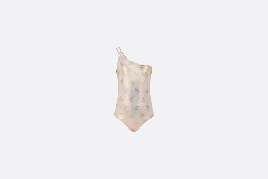 Kid's Asymmetric One-Piece Swimsuit • Gold-Tone Technical Fabric with CD Heart Print