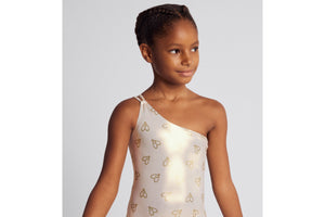 Kid's Asymmetric One-Piece Swimsuit • Gold-Tone Technical Fabric with CD Heart Print