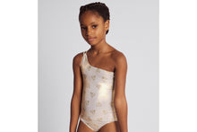 Load image into Gallery viewer, Kid&#39;s Asymmetric One-Piece Swimsuit • Gold-Tone Technical Fabric with CD Heart Print
