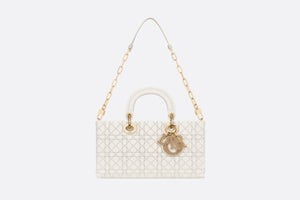 Medium Lady D-Joy Bag • Latte Calfskin Embroidered with Resin Pearl Cannage Motif
