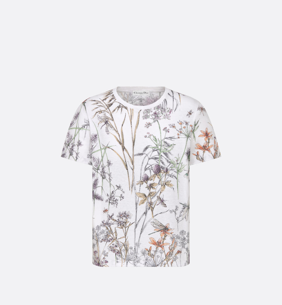 T-Shirt • White Cotton and Linen Jersey with Multicolor Dior Herbarium Motif