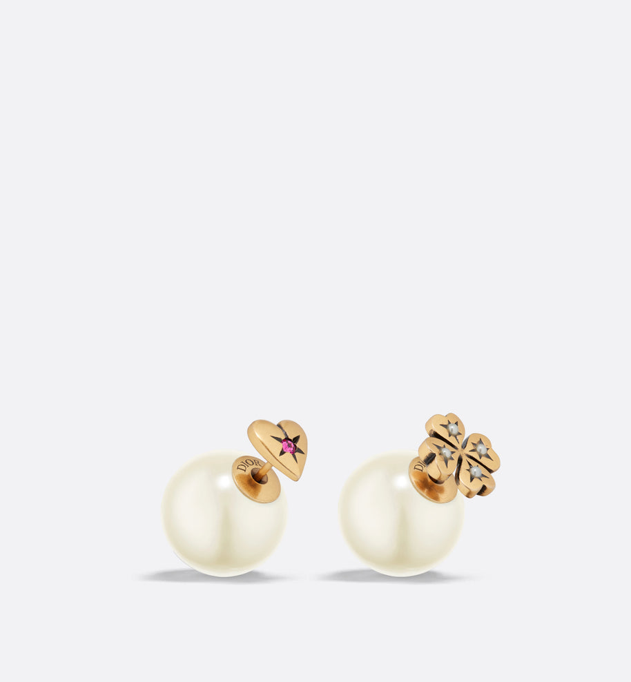 Dior Tribales Earrings • Antique Gold-Finish Metal with White Resin Pearls and a Pink Crystal