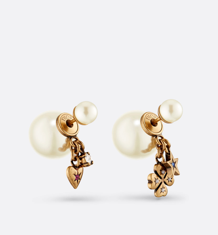 Dior Tribales Earrings • Antique Gold-Finish Metal with White Resin Pearls and Multicolor Crystals