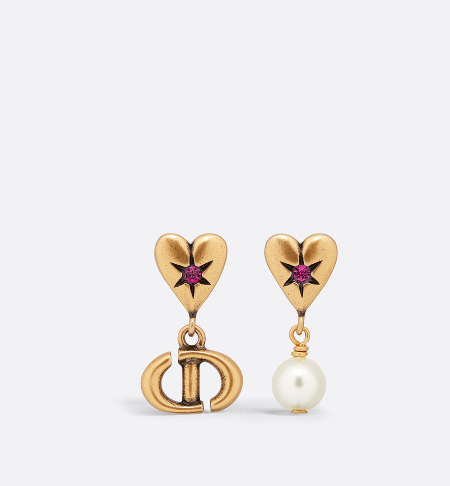 Dior Lucky Charms Earrings • Antique Gold-Finish Metal with a White Resin Pearl and Pink Crystals