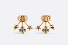 Load image into Gallery viewer, Dior Lucky Charms Earrings • Antique Gold-Finish Metal with White Resin Pearls and Pink and Blue Crystals
