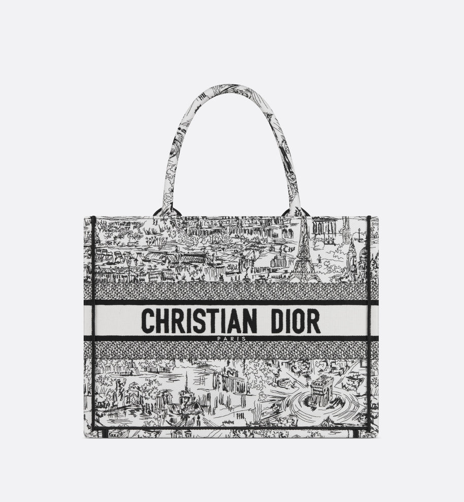 Medium Dior Book Tote • White and Black Paris Allover Embroidery (36 x 27.5 x 16.5 cm)