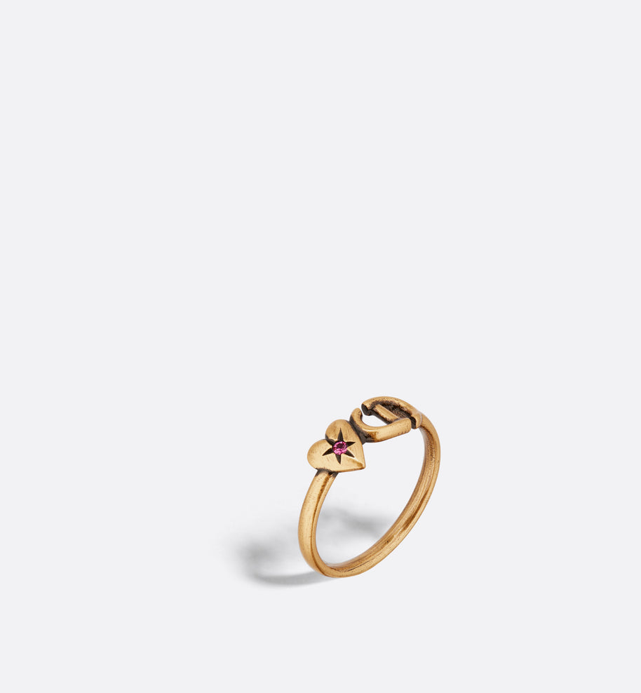 Dior Lucky Charms Ring • Antique Gold-Finish Metal and Pink Crystal