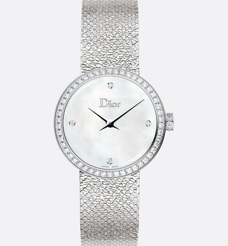 La D de Dior Satine • Ø 25 mm, Steel, White Mother-Of-Pearl and Diamonds