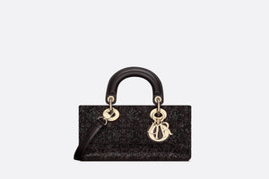 Small Lady D-Joy Bag • Black Cannage Cotton with Micropearl Embroidery