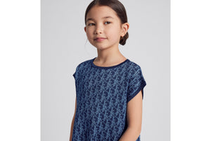 Kid's A-Line Dress • Light Blue and Blue Dior Oblique Jacquard Knit Blend with Metallic Thread