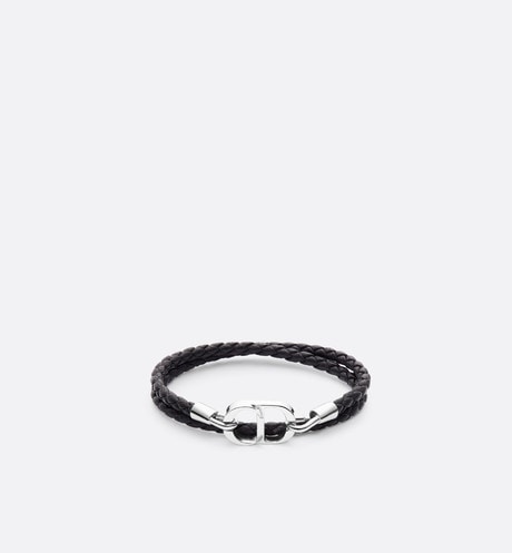 CD Icon Braided Leather Bracelet • Black Calfskin and Silver-Finish Brass
