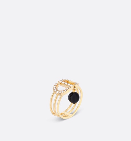 Petit CD Ring • Gold-Finish Metal with a Black Resin Pearl and Silver-Tone Crystals