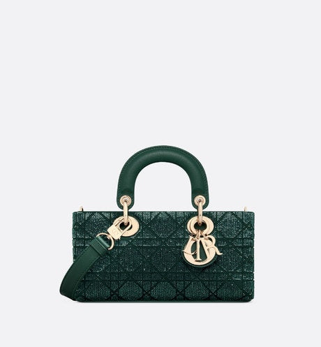 Small Lady D-Joy Bag • Pine Green Cannage Cotton with Micropearl Embroidery