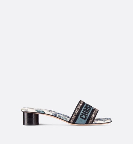 Dway Heeled Slide • Pastel Midnight Blue Multicolor Embroidered Cotton with Toile de Jouy Mexico Motif