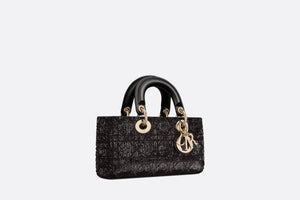 Small Lady D-Joy Bag • Black Cannage Cotton with Micropearl Embroidery