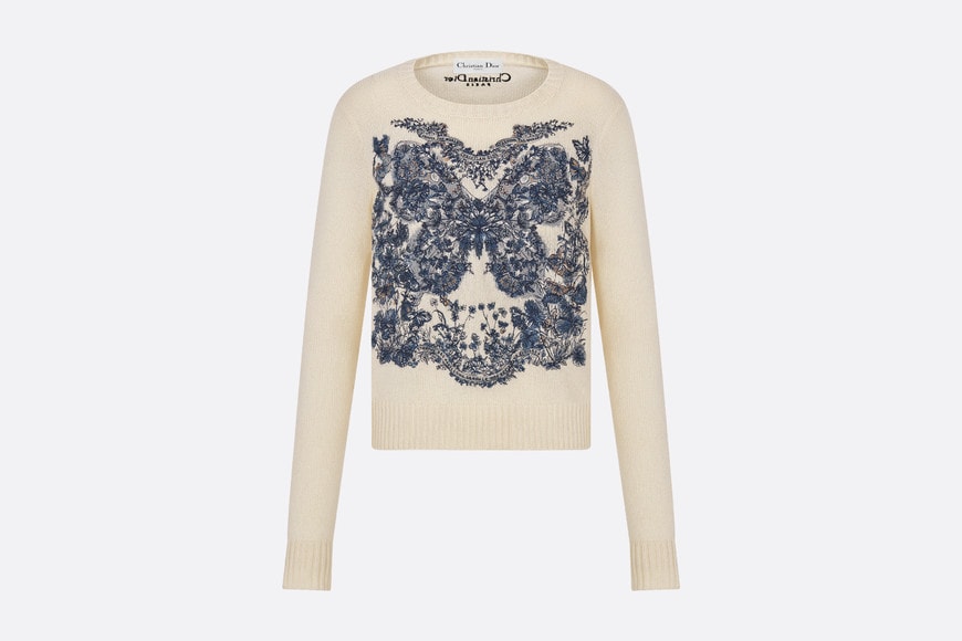 Embroidered Sweater • Ecru Cashmere Knit with Pastel Midnight Blue Butterfly Around The World Motif