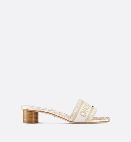 Dway Heeled Slide • White and Gold-Tone Gradient Butterflies Embroidered Cotton with Metallic Thread