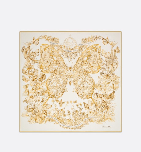 Butterfly Around the World 90 Square Scarf • White and Gold-Tone Silk Twill