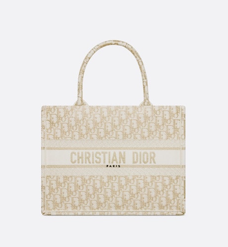 Medium Dior Book Tote • White and Gold-Tone Dior Oblique Embroidery (36 x 27.5 x 16.5 cm)