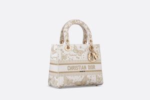Medium Lady D-Lite Bag • Gold-Tone and White Butterfly Zodiac Embroidery
