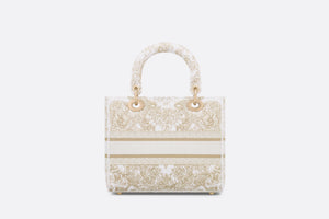 Medium Lady D-Lite Bag • Gold-Tone and White Butterfly Around The World Embroidery
