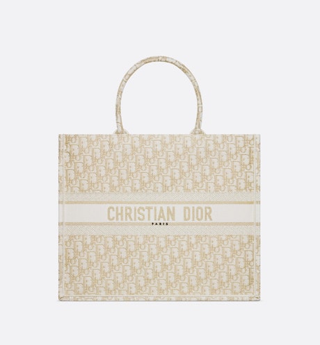 Large Dior Book Tote • White and Gold-Tone Dior Oblique Embroidery (42 x 35 x 18.5 cm)