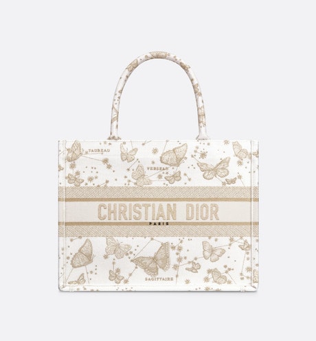 Medium Dior Book Tote • Gold-Tone and White Butterfly Zodiac Embroidery (36 x 27.5 x 16.5 cm)