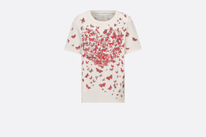 T-Shirt • White Cotton Jersey with Red Le Cœur des Papillons Motif