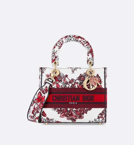 Medium Lady D-Lite Bag • White and Red Le Cœur des Papillons Embroidery
