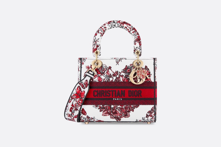 Medium Lady D-Lite Bag • White and Red Le Cœur des Papillons Embroidery
