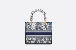 Medium Lady D-Lite Bag • White and Navy Blue Toile de Jouy Soleil Embroidery