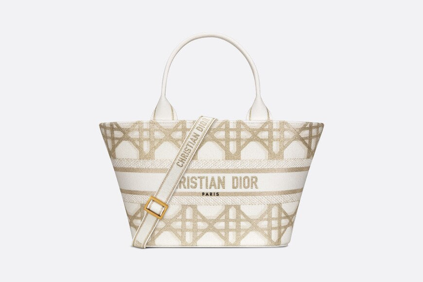 Hat Basket Bag • White and Gold-Tone Macrocannage Embroidery