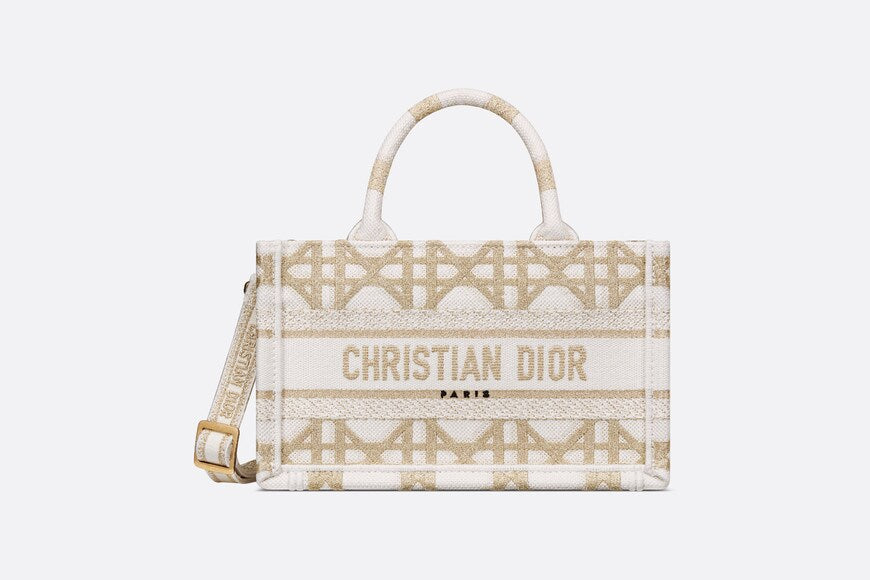 Dior Or Mini Dior Book Tote with Strap • Gold-Tone and White Macrocannage Embroidery (21.5 x 13 x 7.5 cm)