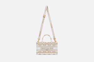 Dior Or Mini Dior Book Tote with Strap • Gold-Tone and White Macrocannage Embroidery (21.5 x 13 x 7.5 cm)