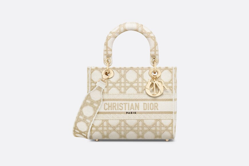 Medium Lady D-Lite Bag • White and Gold-Tone Macrocannage Embroidery