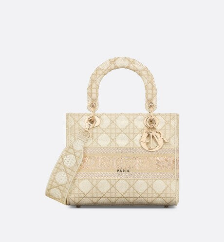 Medium Dior Or Lady D-Lite Bag • Gold-Tone Cannage Embroidery with Metallic Thread and Strass