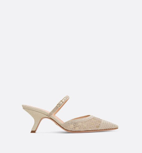 Dior Or Dior Capture Heeled Mule • Transparent Mesh Embroidered with Cannage Motif in Metallic Gold-Tone Thread and Strass