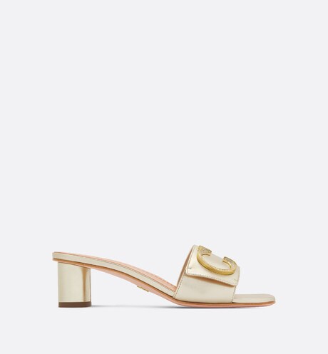 Dior Or C'est Dior Heeled Slide • Gold-Tone Laminated Lambskin with Silver-Tone Strass Letters