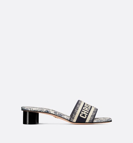Dway Heeled Slide • White and Navy Blue Cotton Embroidered with Plan de Paris Motif