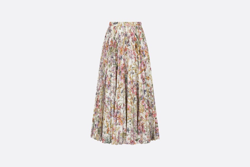 Mid-Length Pleated Skirt • White Cotton and Silk Poplin with Multicolor Dior 4 Saisons Été Motif