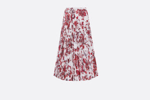 Mid-Length Pleated Skirt • White Cotton Denim with Red Toile de Jouy Mexico Motif
