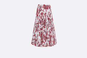 Mid-Length Pleated Skirt • White Cotton Denim with Red Toile de Jouy Mexico Motif