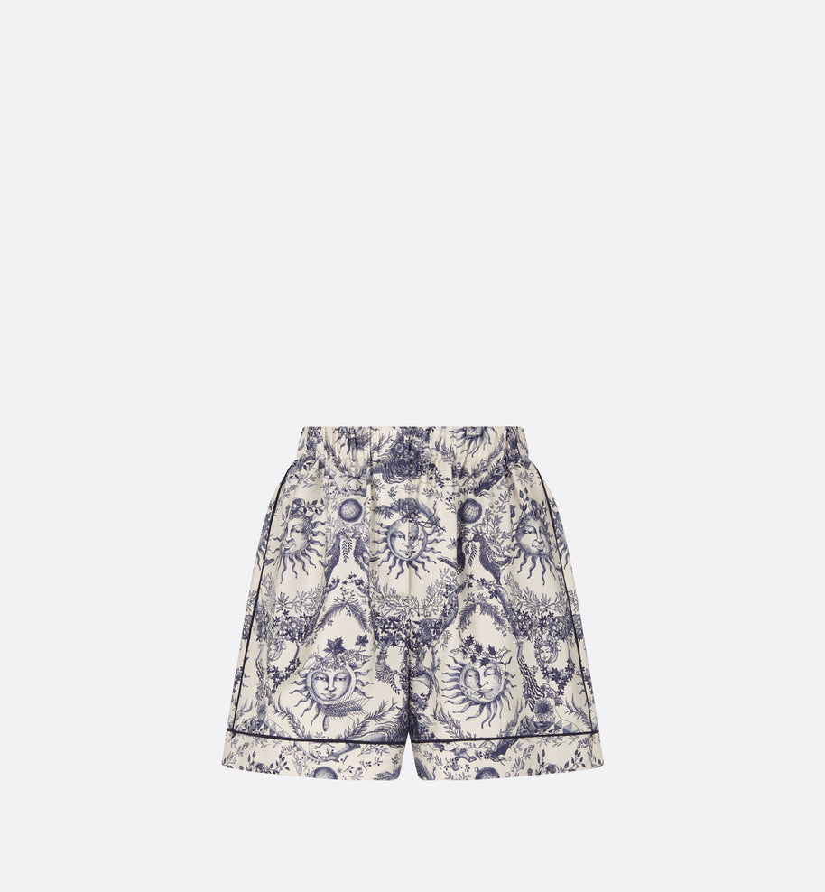 Shorts • White and Navy Blue Toile de Jouy Soleil Silk Twill